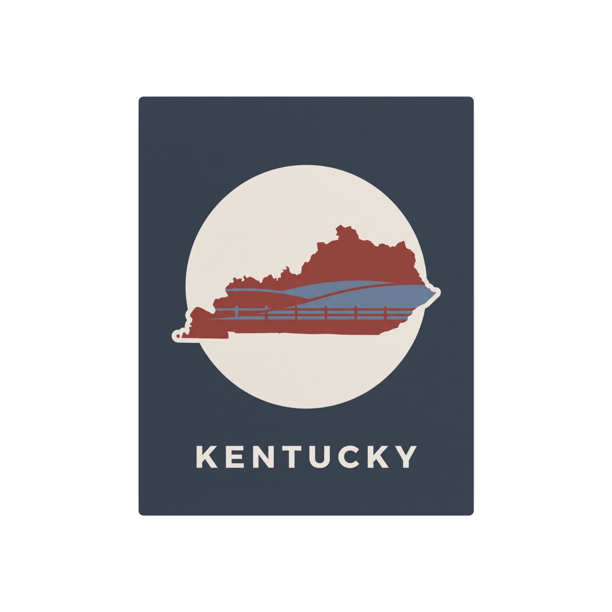 Kentucky metal sign, circular state silhouette with red bridge lines and “KENTUCKY” lettering