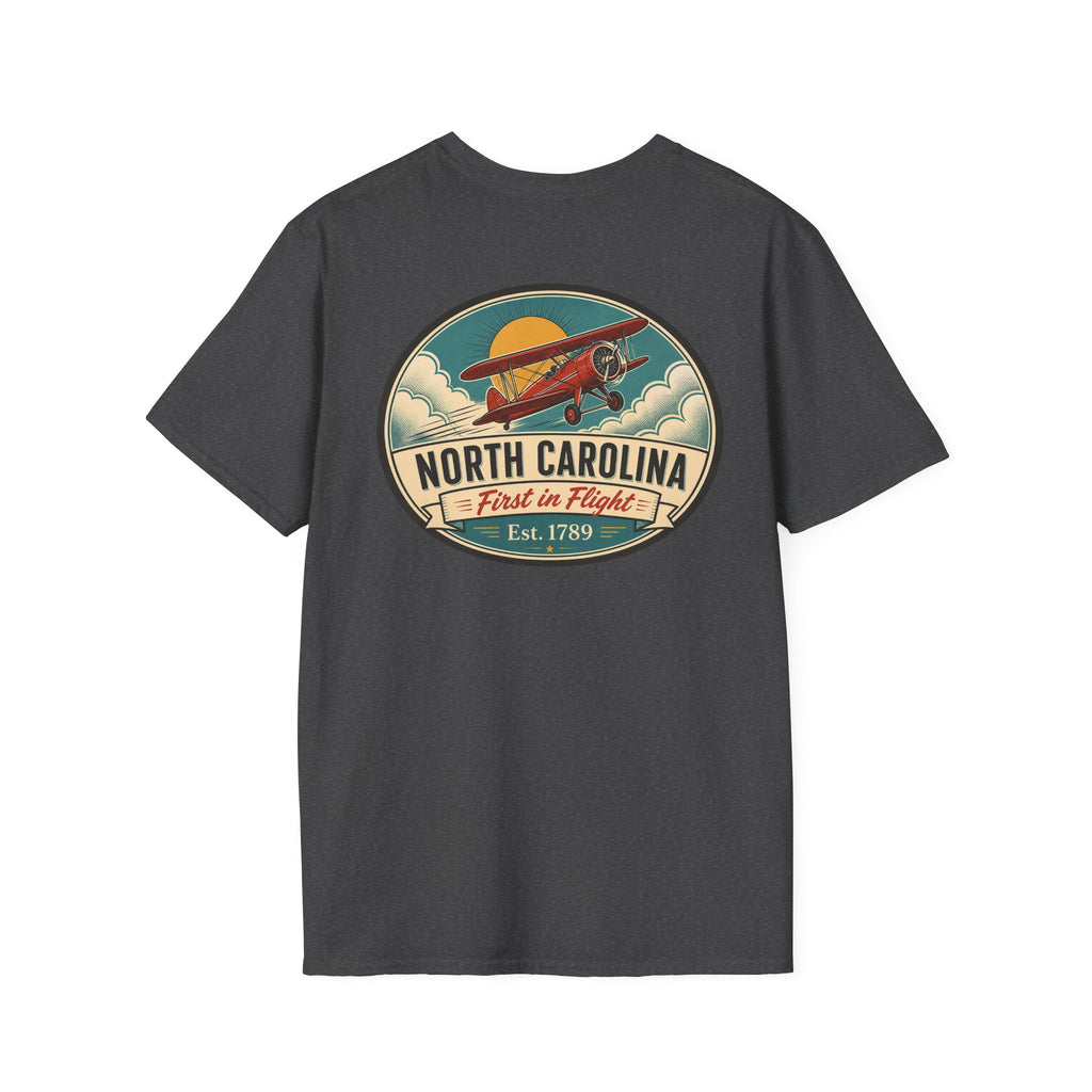 Black T-shirt with North Carolina biplane oval graphic, crewneck short sleeves