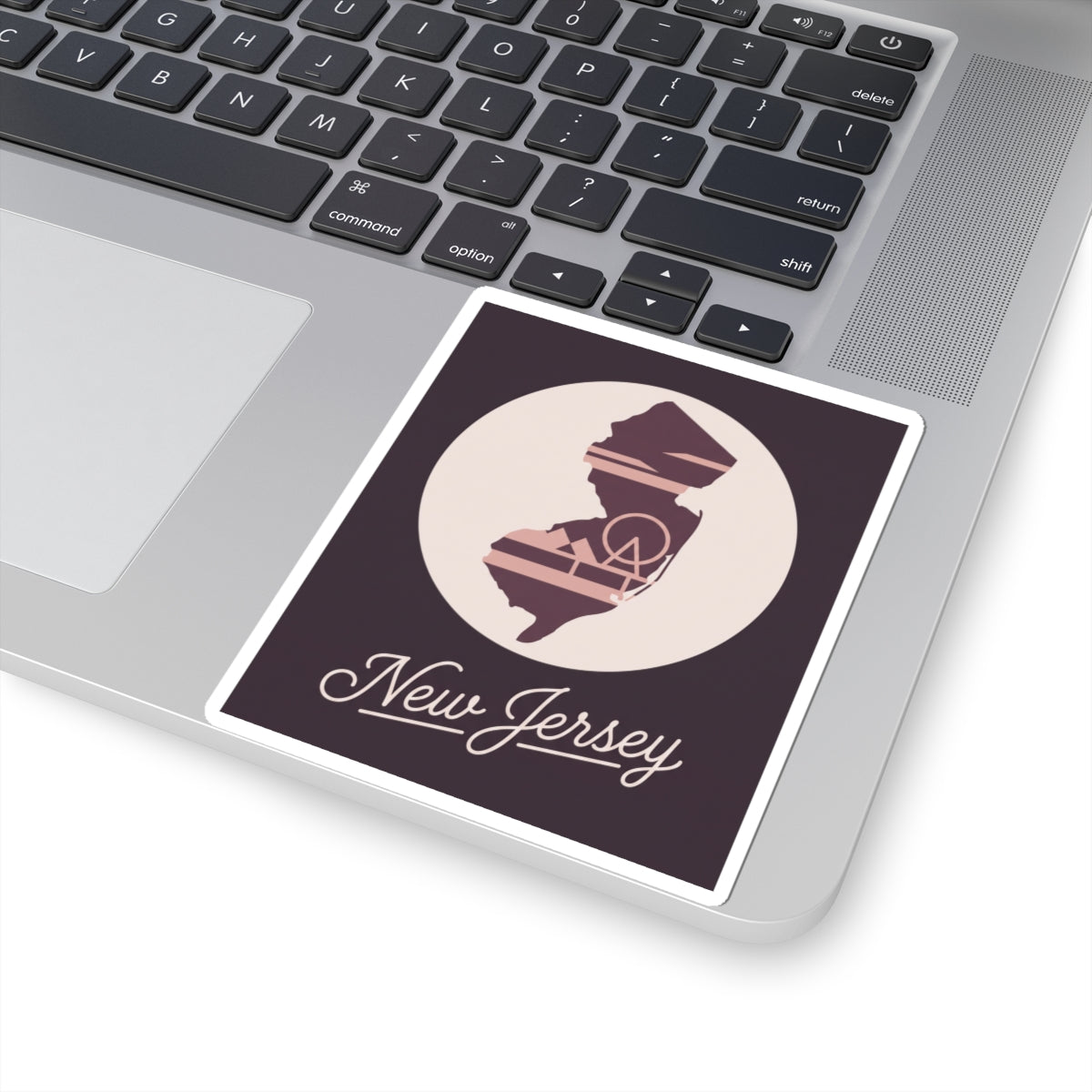 Square New Jersey sticker decal featuring state outline silhouette and “New Jersey” script