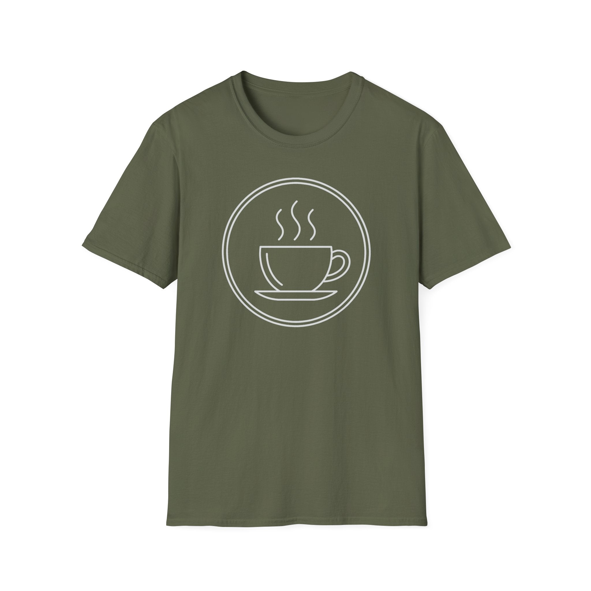 Olive green unisex t-shirt with front coffee cup and steam graphic inside a circle