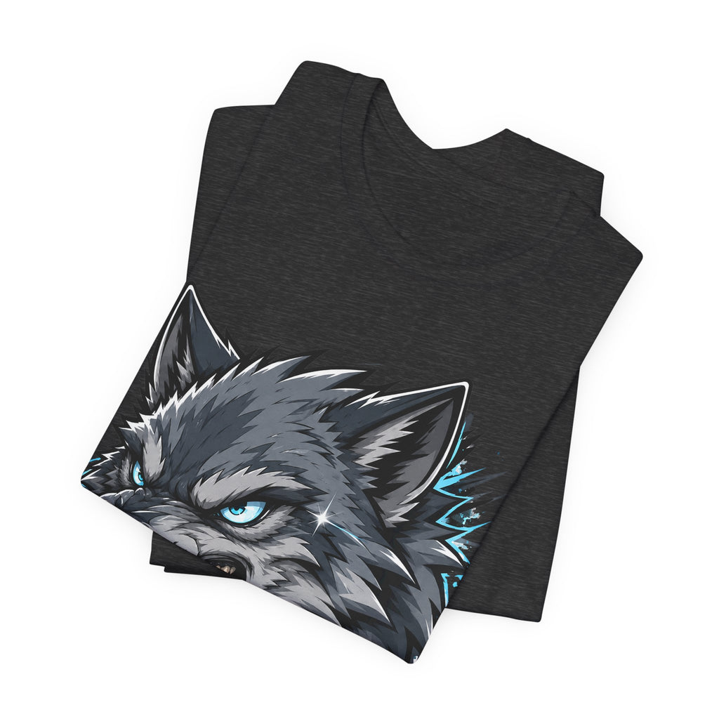Dark charcoal t-shirt with snarling wolf head graphic on front, crew neck.