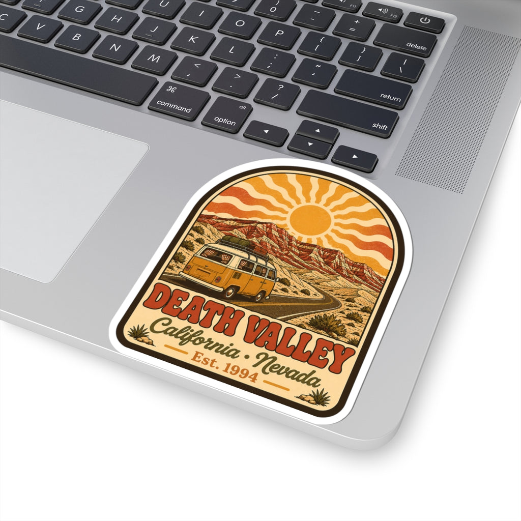 Kiss-cut sticker with rounded border, yellow camper on desert road, and “Death Valley”