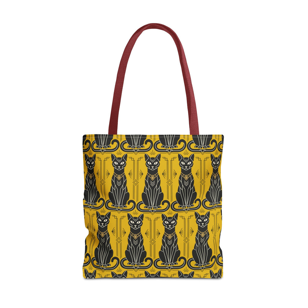 Tote bag with ornate blue border cats on yellow, burgundy top handles.