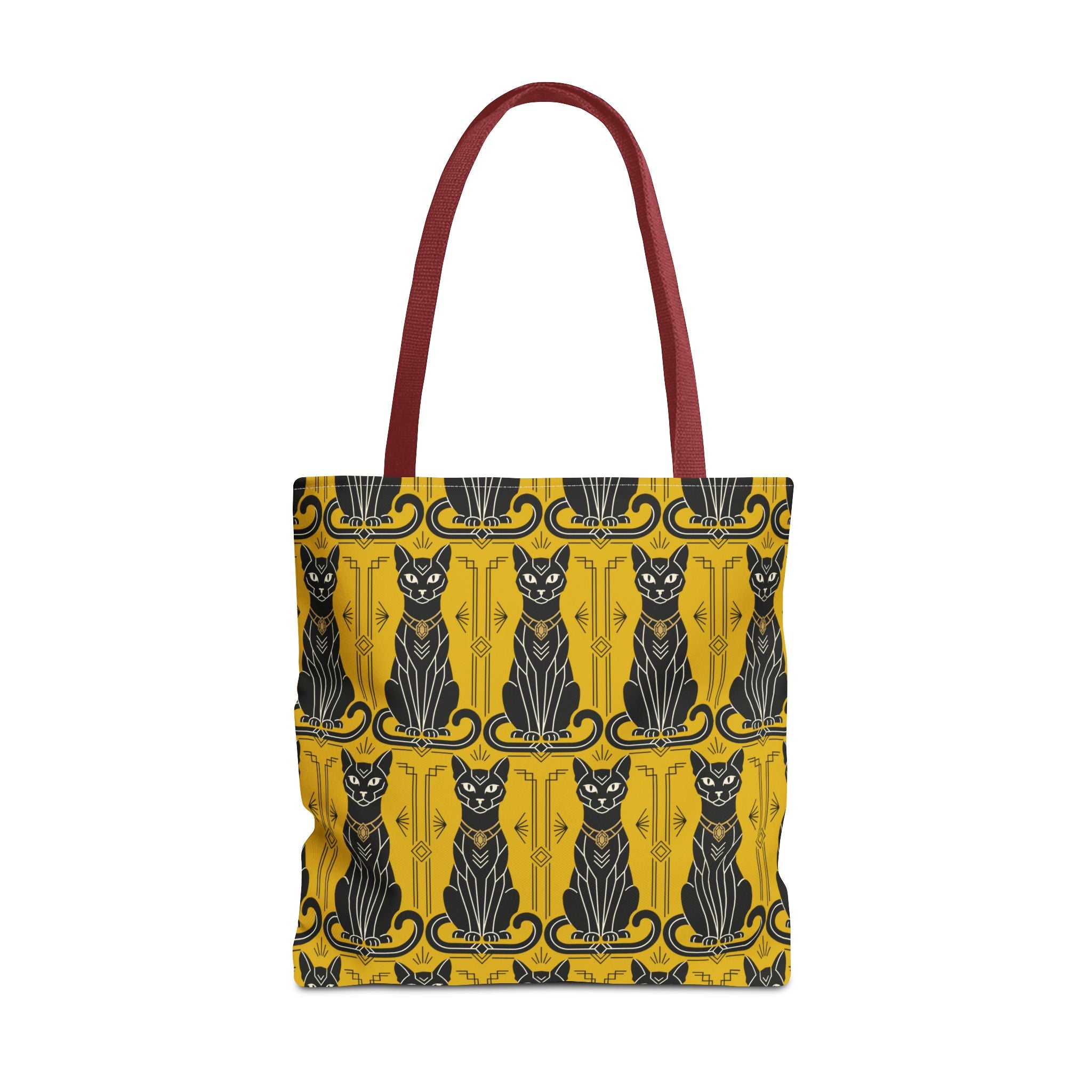 Tote bag with ornate blue border cats on yellow, burgundy top handles.