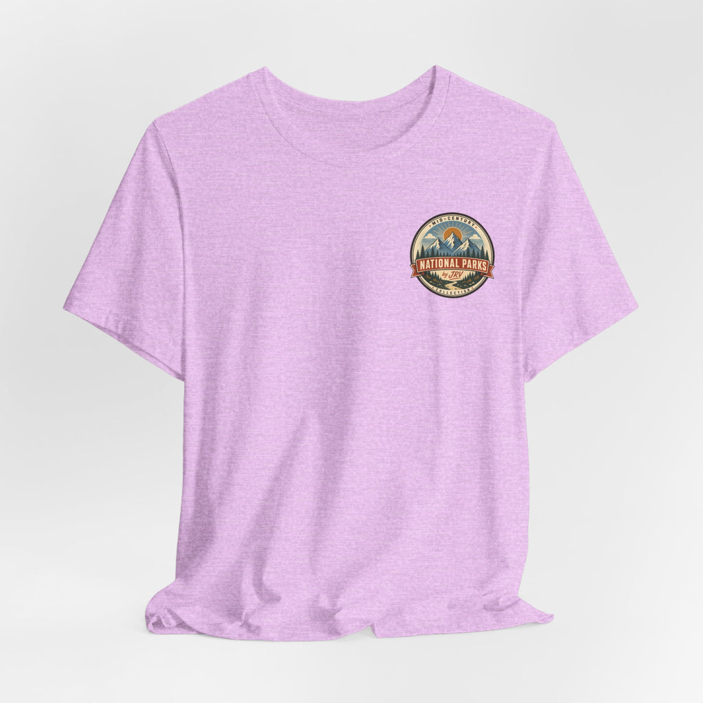 Lavender T-shirt with small National Park badge graphic on left chest