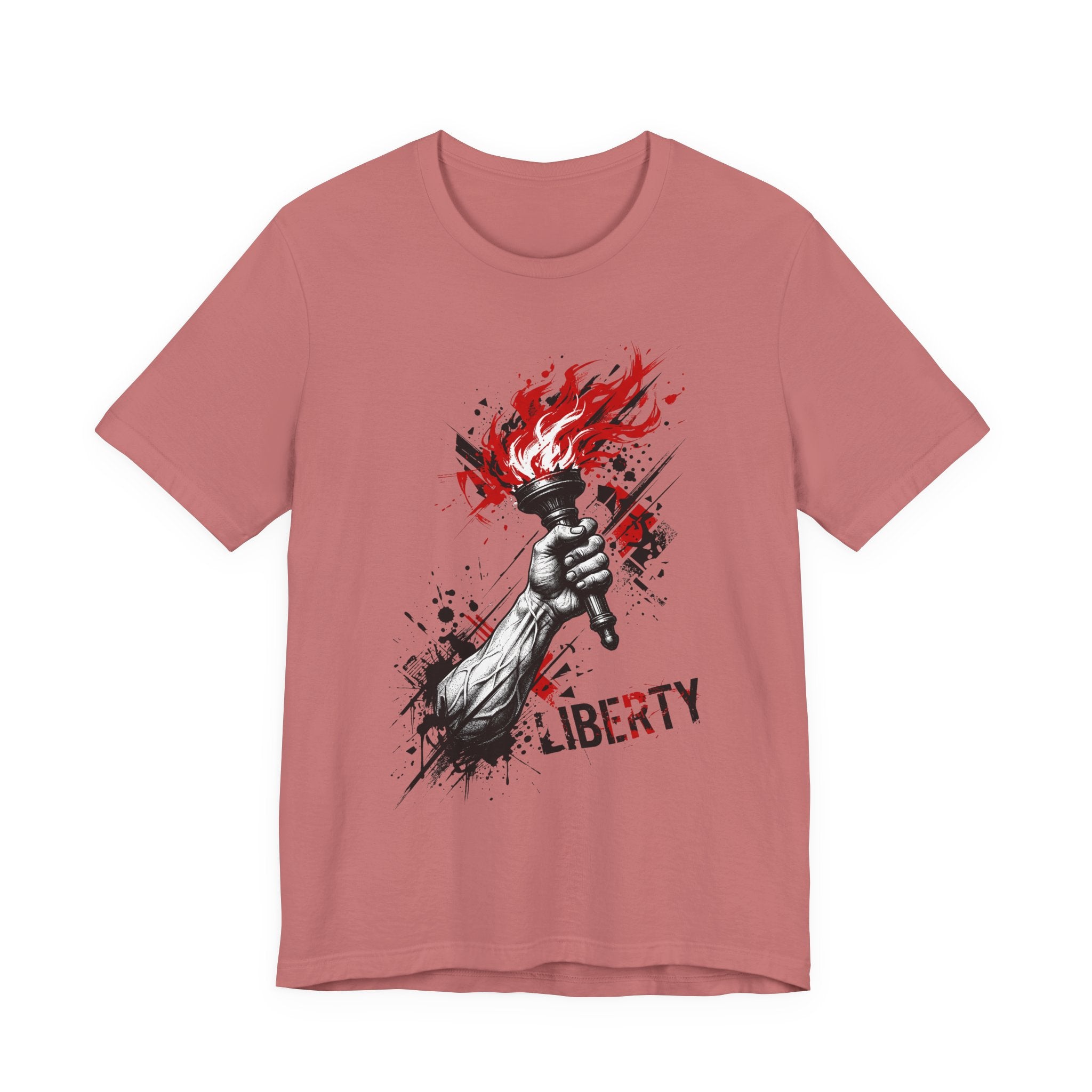 Dusty rose crewneck T-shirt with flaming torch statue graphic and distressed “LIBERTY” text