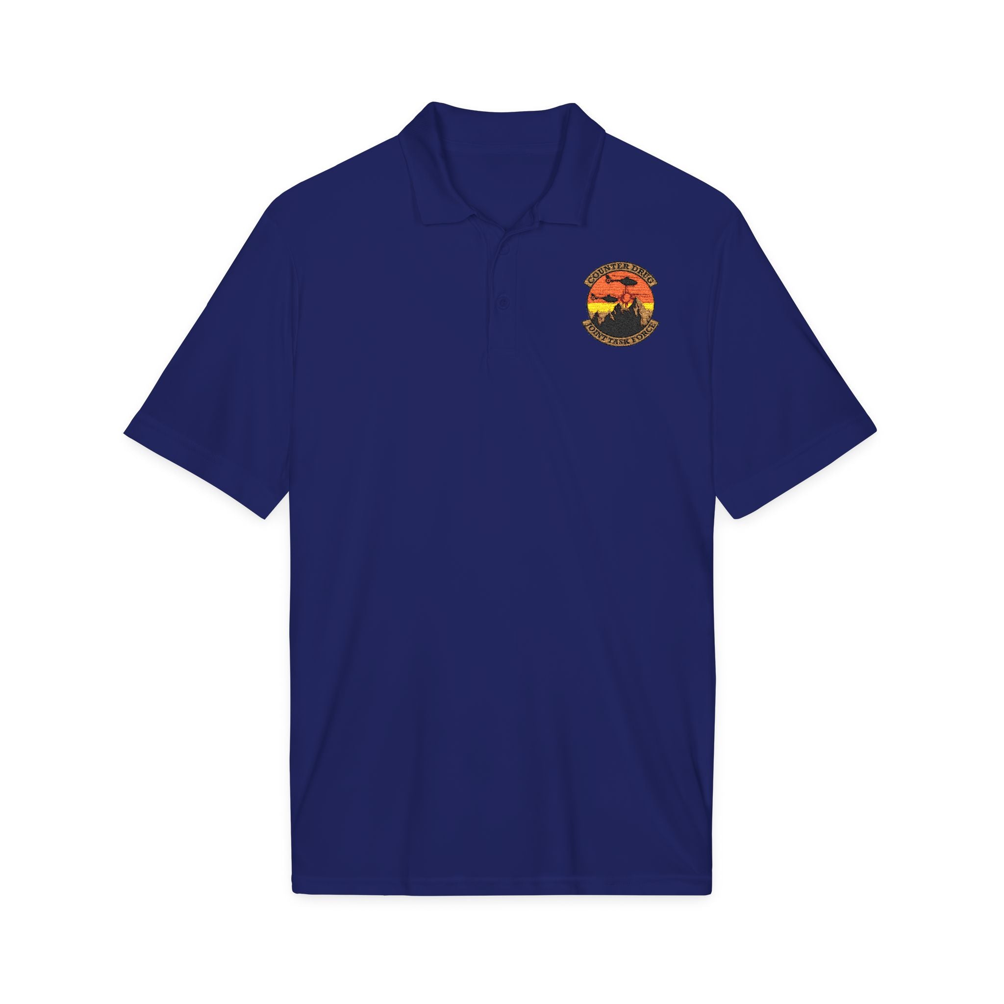 Royal blue polo shirt with embroidered crest on chest, short sleeves, button placket
