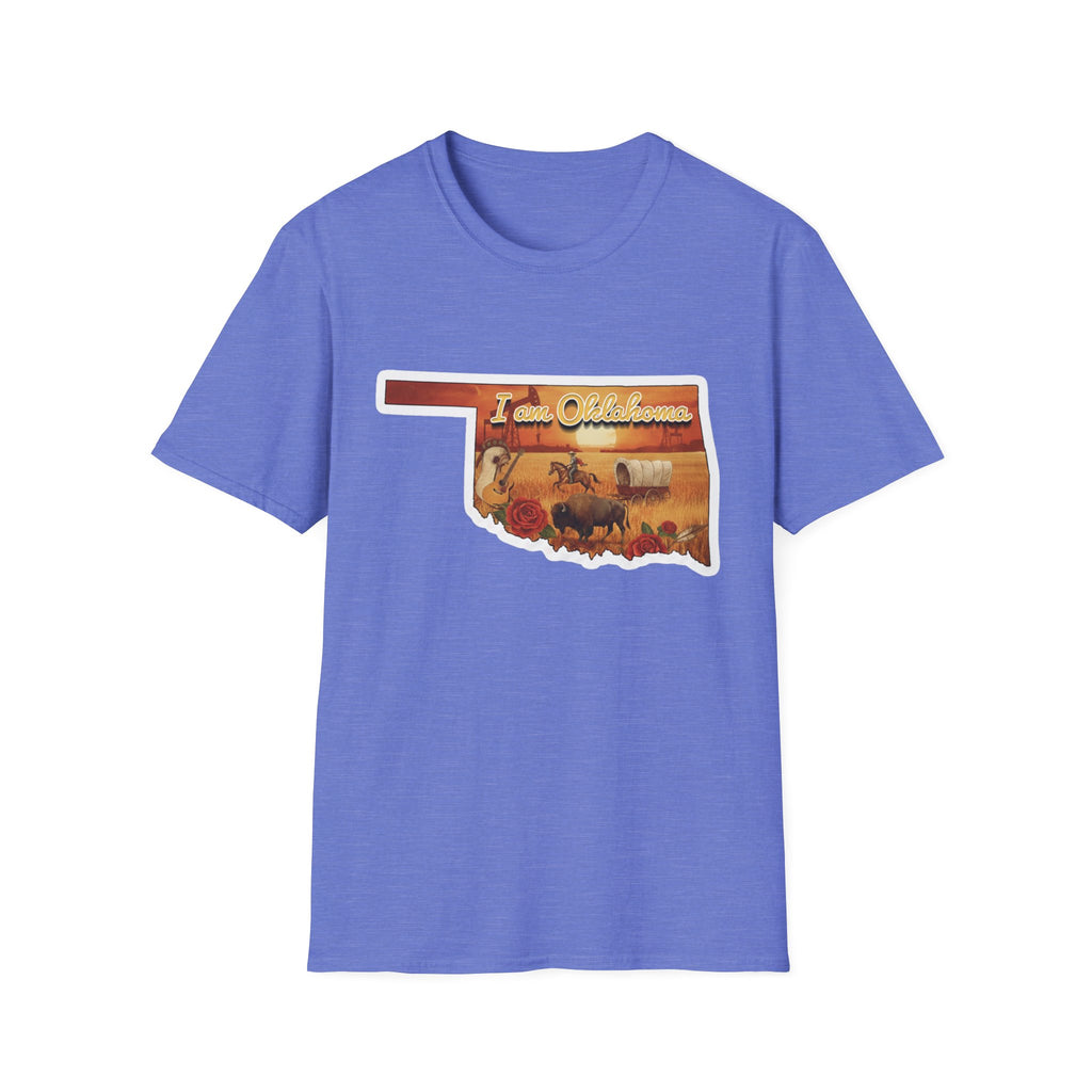 Heather royal purple T-shirt with Oklahoma silhouette and cowboy scene graphic