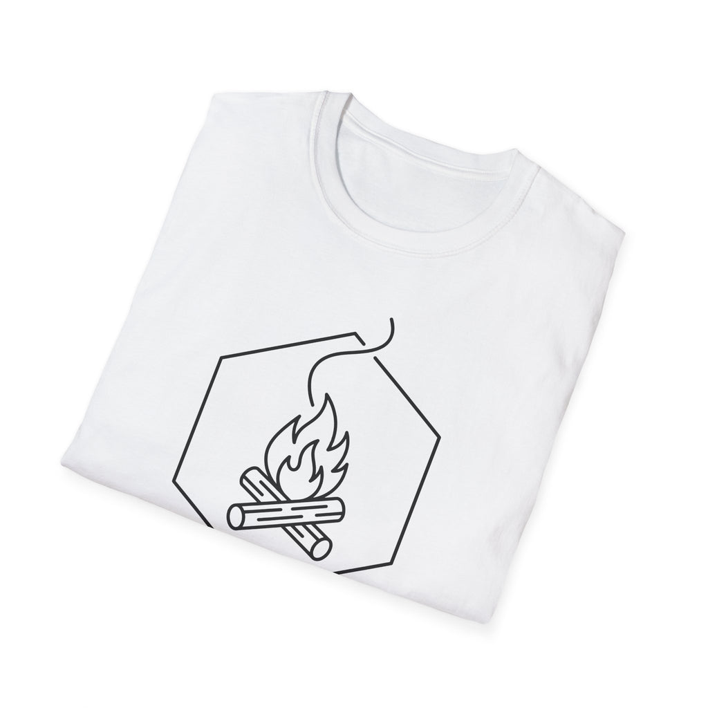 White T-shirt with hexagon campfire line graphic in black ink