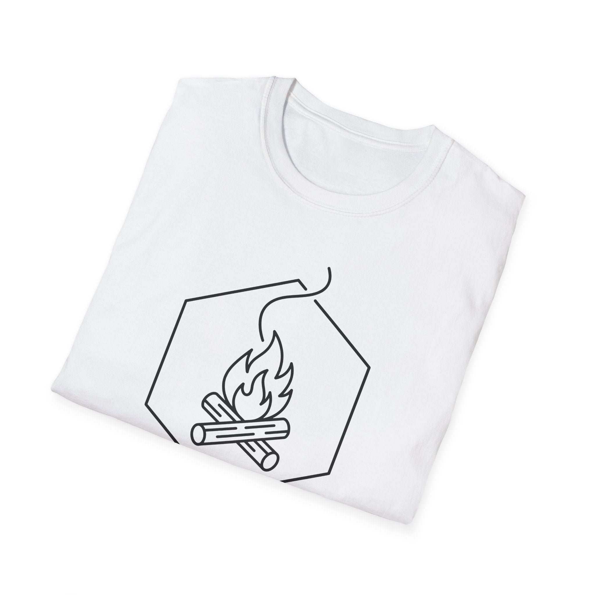 White T-shirt with hexagon campfire line graphic in black ink