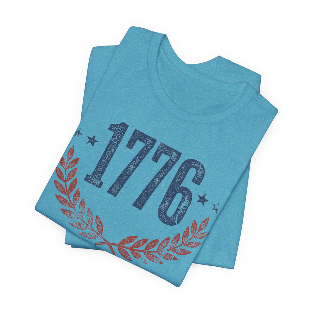 Heather aqua T-shirt with 1776 text and laurel wreath graphic