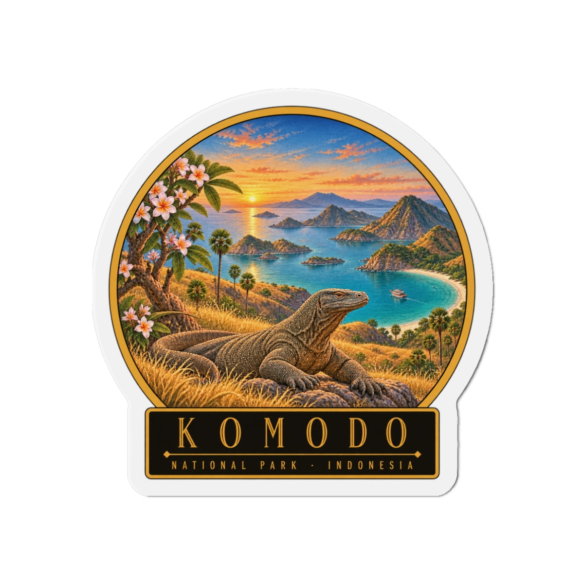 Komodo National Park die-cut magnet showing Komodo dragon in grassy foreground, "KOMODO"