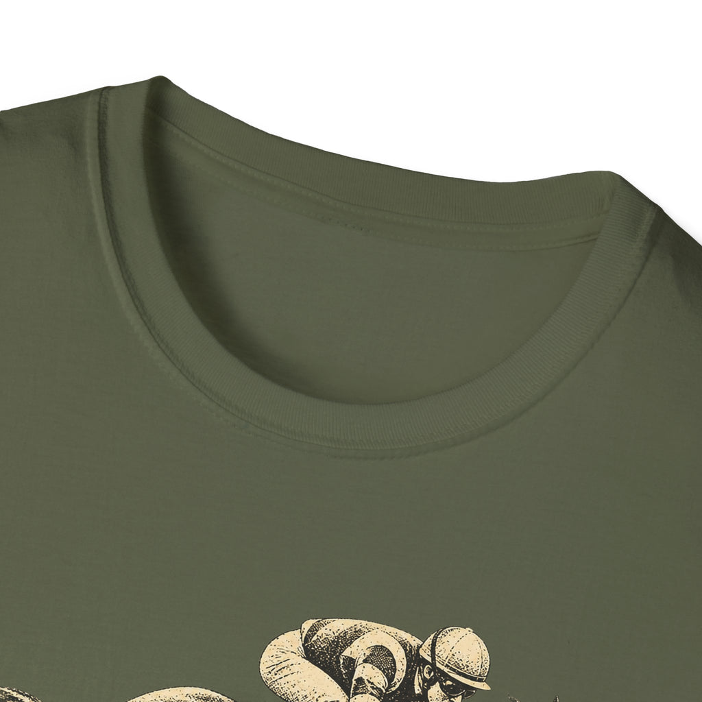 Olive green t-shirt close-up of jockey and 'KENTUCKY' graphic detail