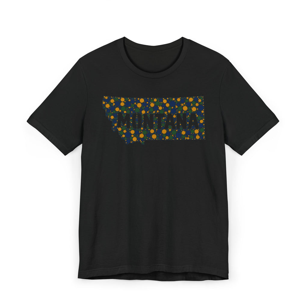 Black crewneck t-shirt with “MONTANA” mosaic floral outline graphic on front.