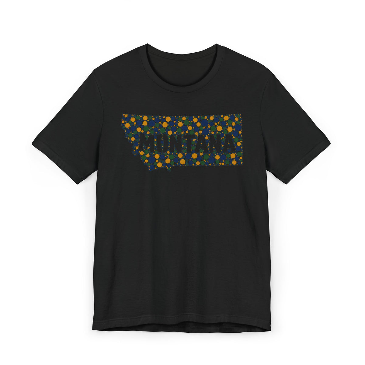Black crewneck t-shirt with “MONTANA” mosaic floral outline graphic on front.