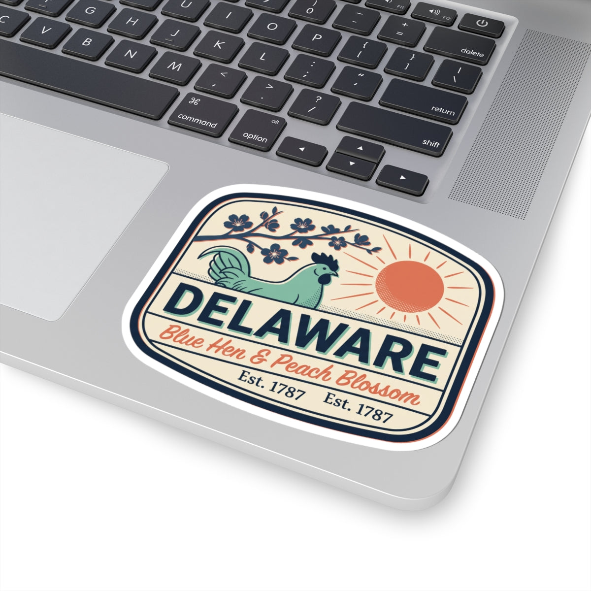 Delaware state badge sticker on laptop, featuring blue hen, peach blossom, Est. 1787