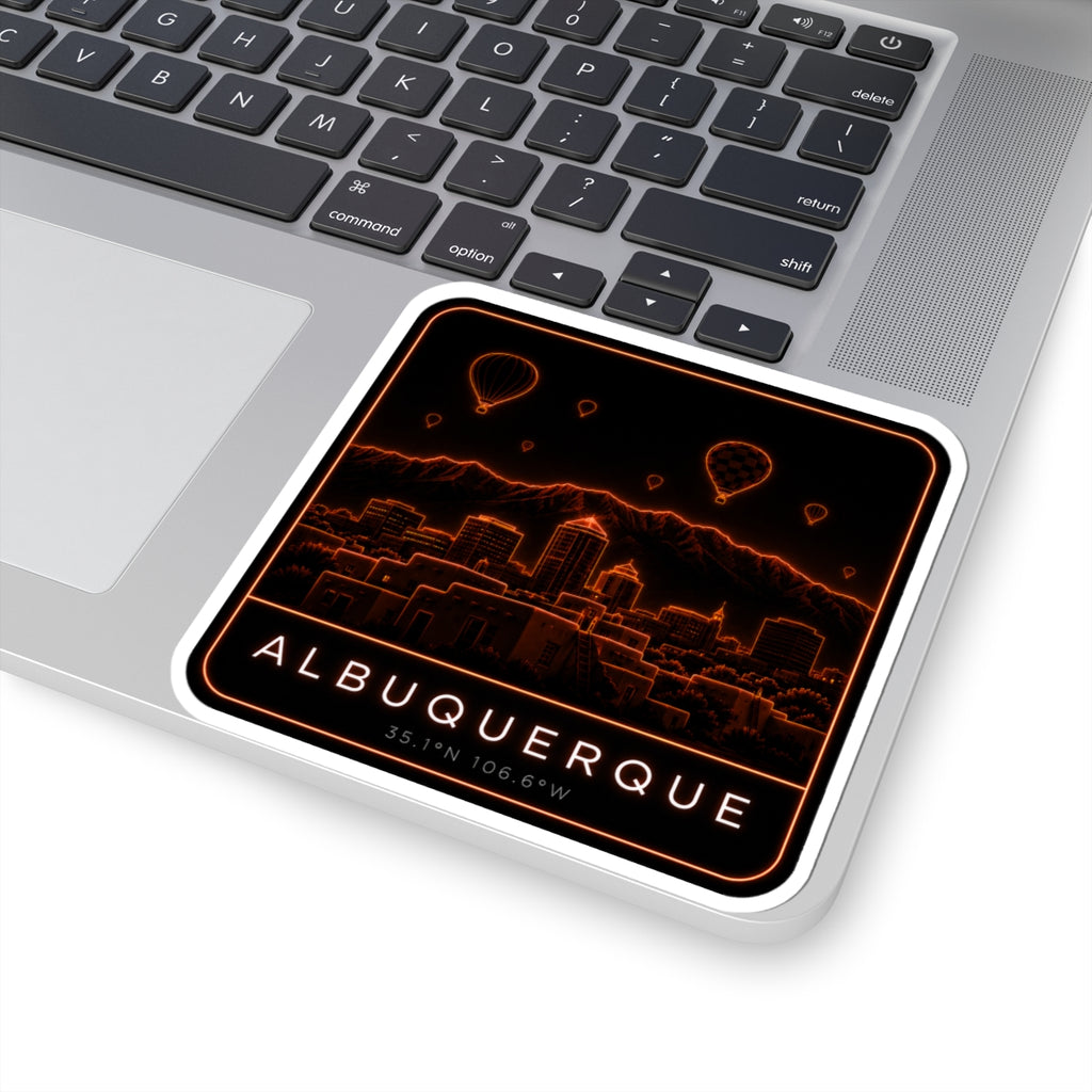 Albuquerque neon skyline sticker with orange cityscape, balloons, and neon border on white