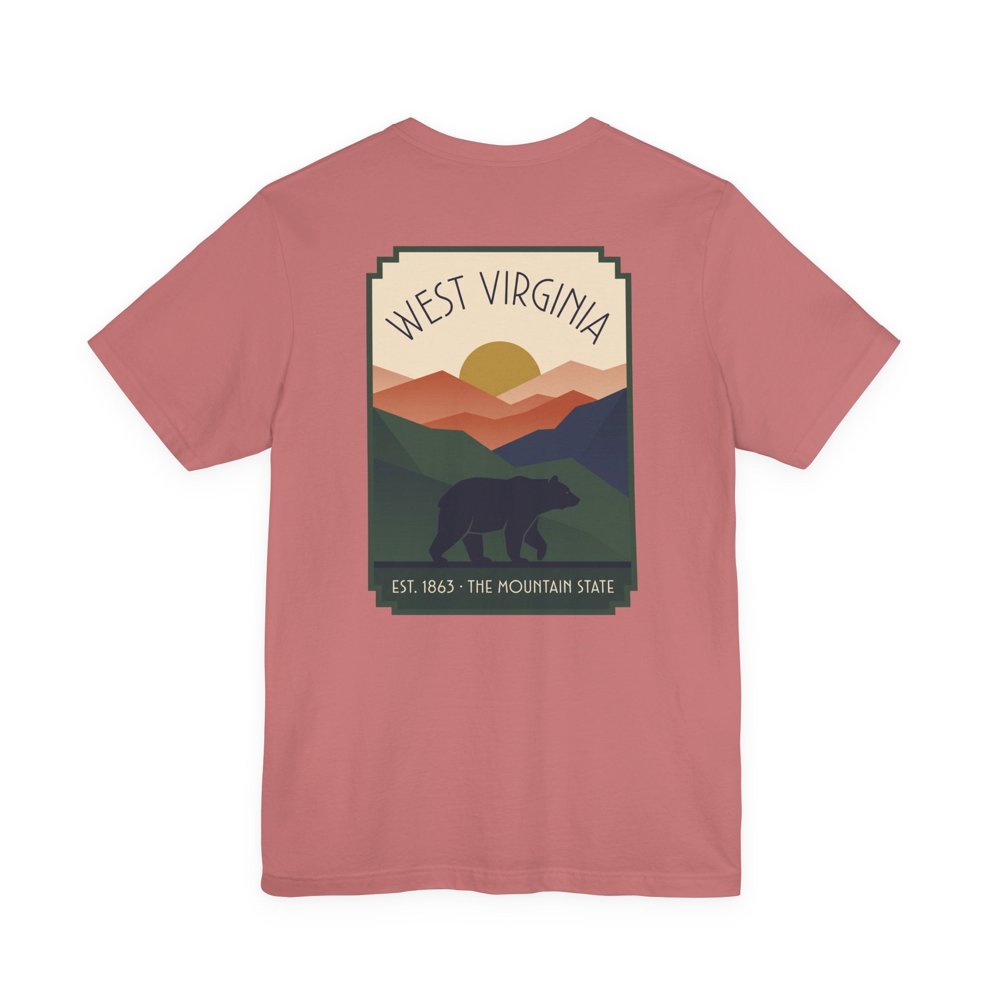 Rose T-shirt with West Virginia bear and mountain graphic on the front.