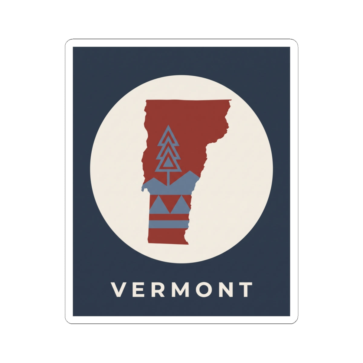 Vermont map sticker showing red Vermont outline, blue mountain pattern, beige circle, 'VERMONT' text