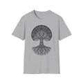 Tree of Life T-shirt, heather gray; ornate tree of life graphic printed in dark outlines