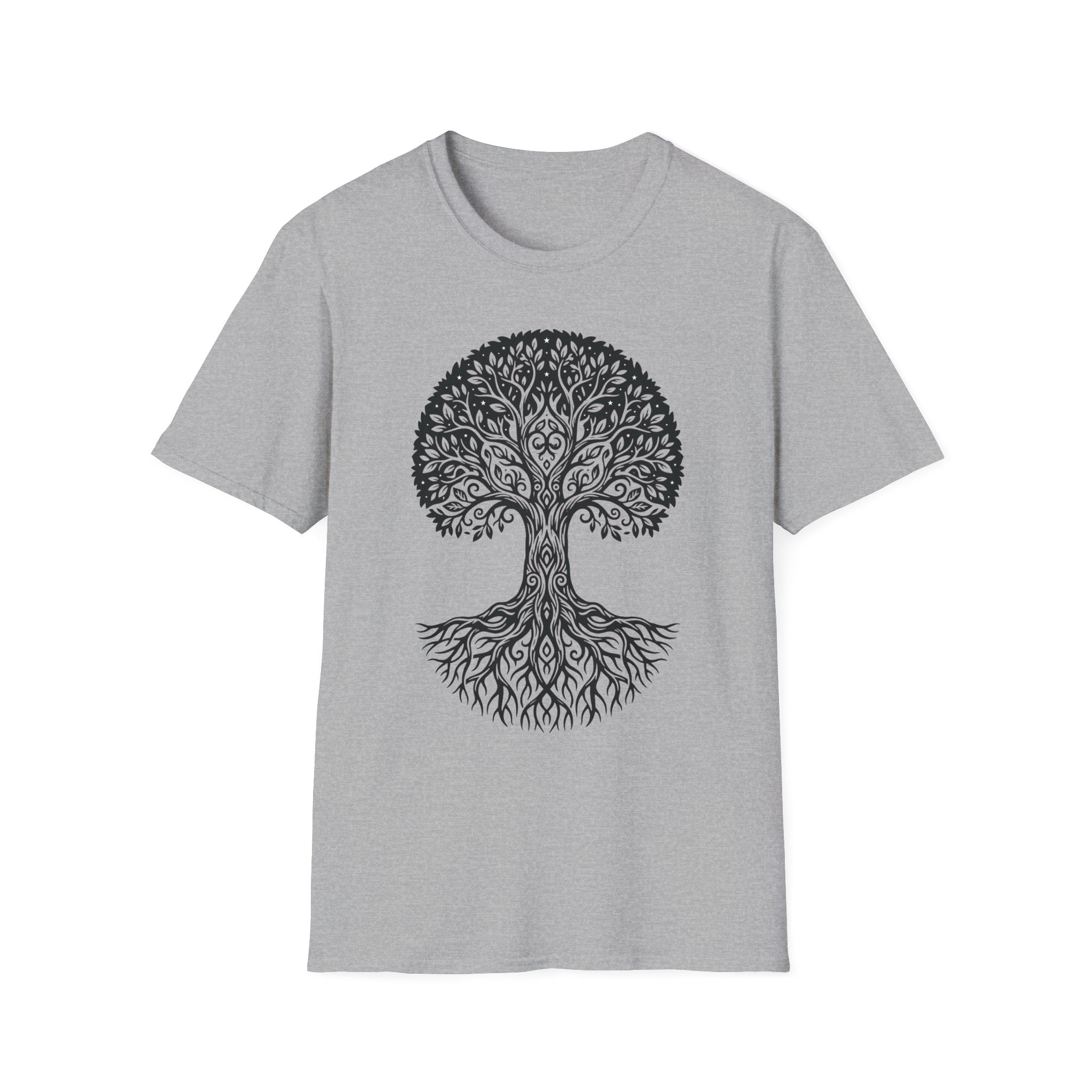 Tree of Life T-shirt, heather gray; ornate tree of life graphic printed in dark outlines