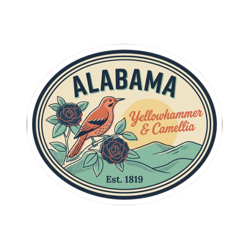 Alabama oval vinyl sticker featuring orange bird, blue roses, and green landscape elements