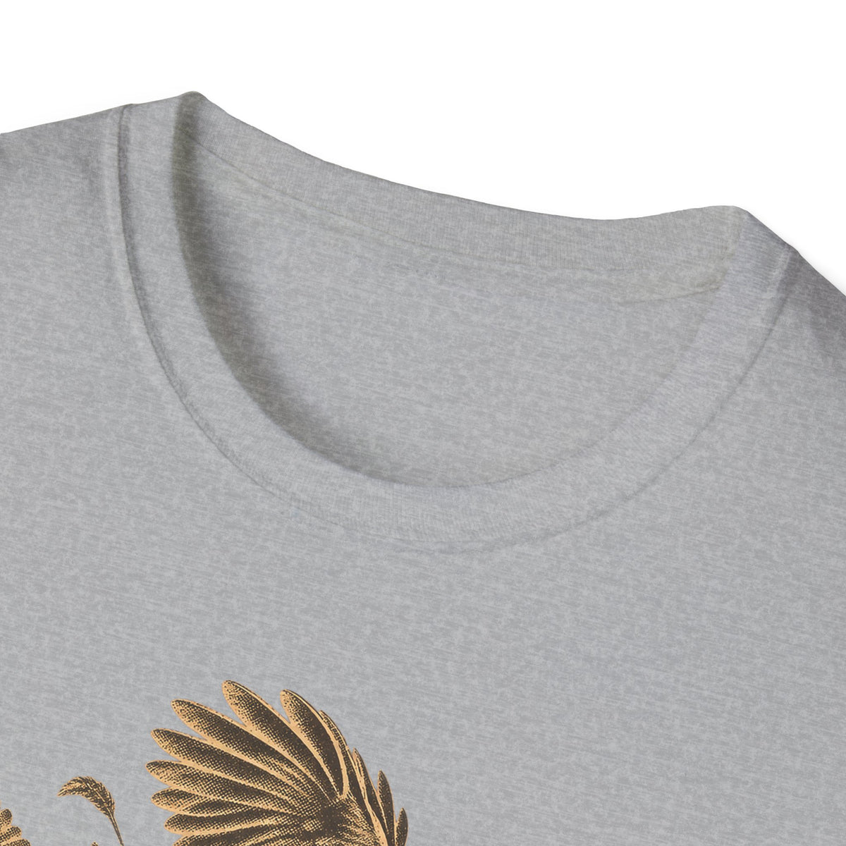 Light gray short-sleeve T-shirt with gold-tone bird graphic, close-up of neckline