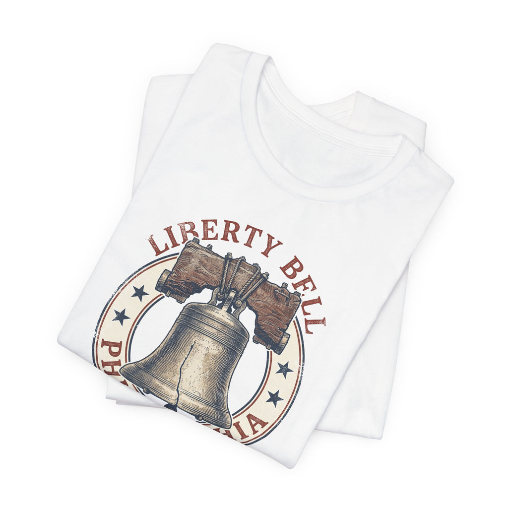 White crewneck T-shirt with Liberty Bell graphic print on the chest