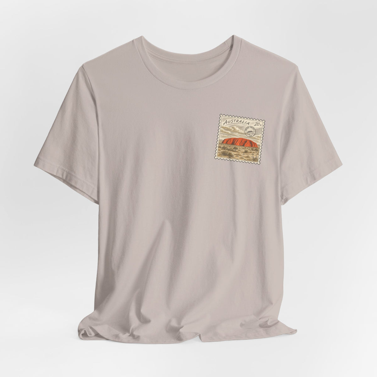Light taupe travel t-shirt with Australia postage stamp graphic on chest