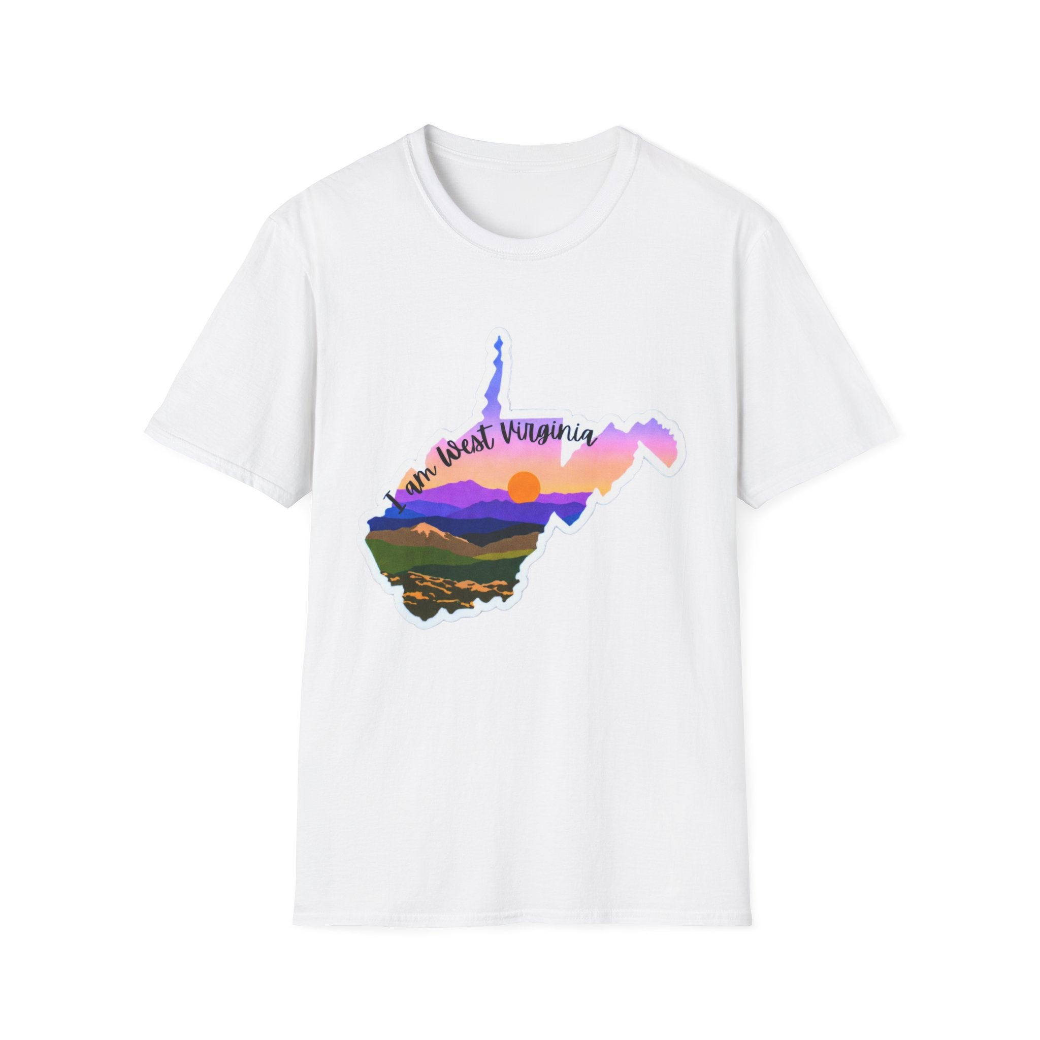 West Virginia sunset T-shirt in white, state silhouette with mountain landscape graphic