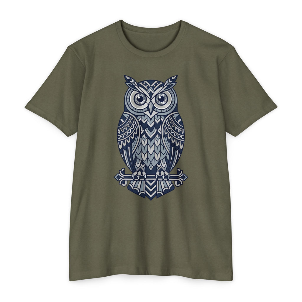 Graphic owl T-shirt, olive green crew neck short sleeves, blue owl graphic