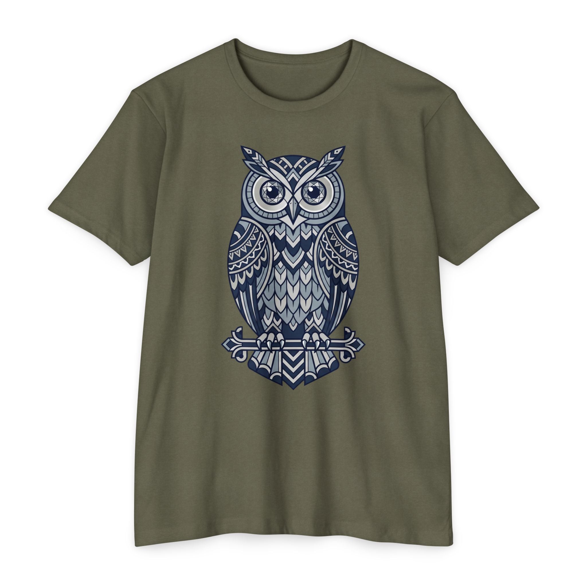 Graphic owl T-shirt, olive green crew neck short sleeves, blue owl graphic