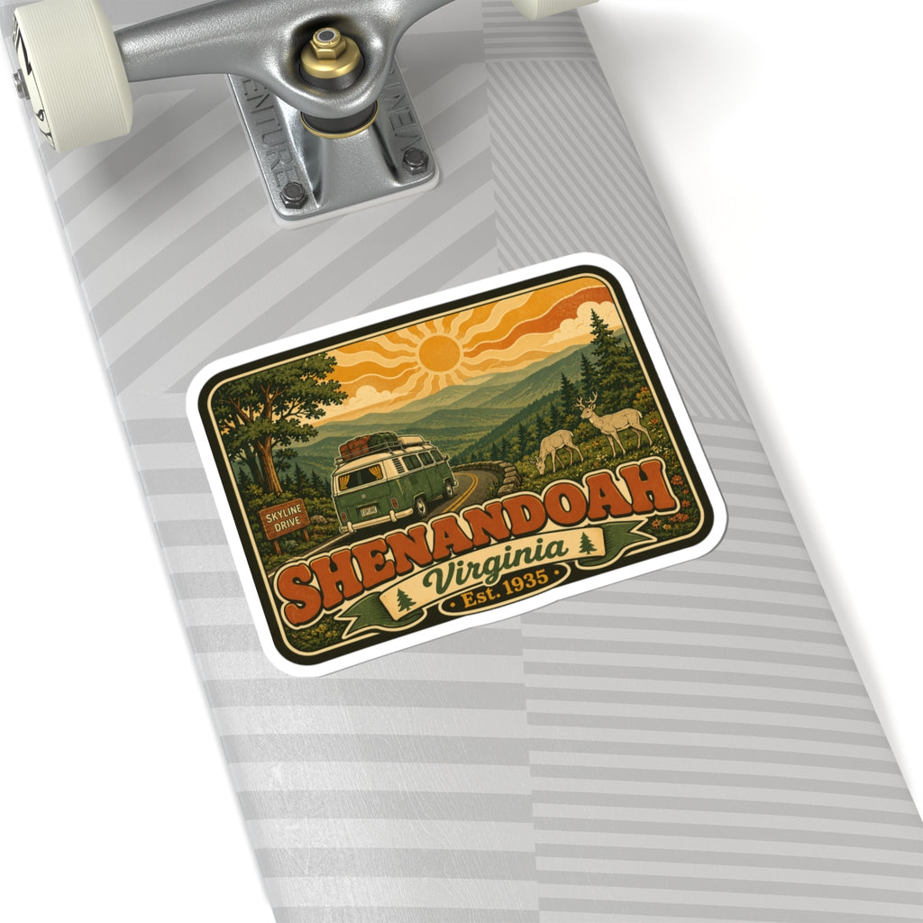 Kiss-cut sticker with rounded white border on light-gray striped surface: green van and "Shenandoah"