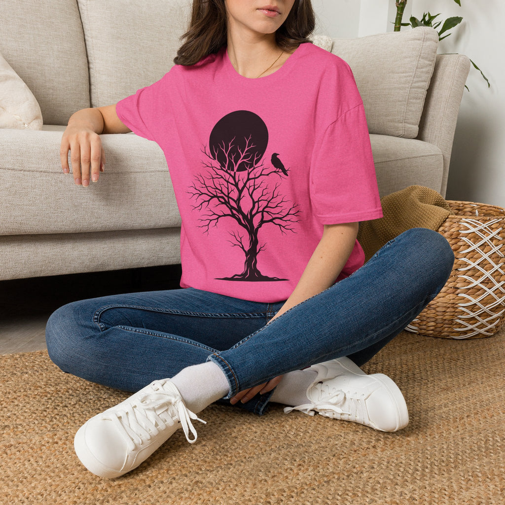 Pink crewneck t-shirt with black moon tree and bird silhouette graphic
