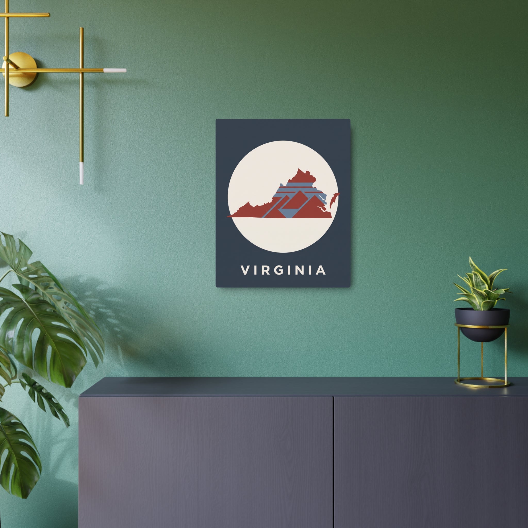 Square metal sign with circular Virginia map graphic and 'VIRGINIA' lettering