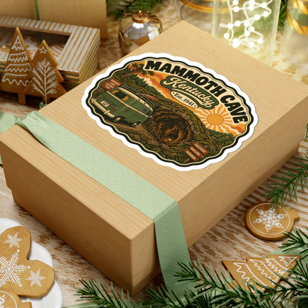 Die-cut Mammoth Cave Kentucky sticker with white border, green camper van, and cave tunnel