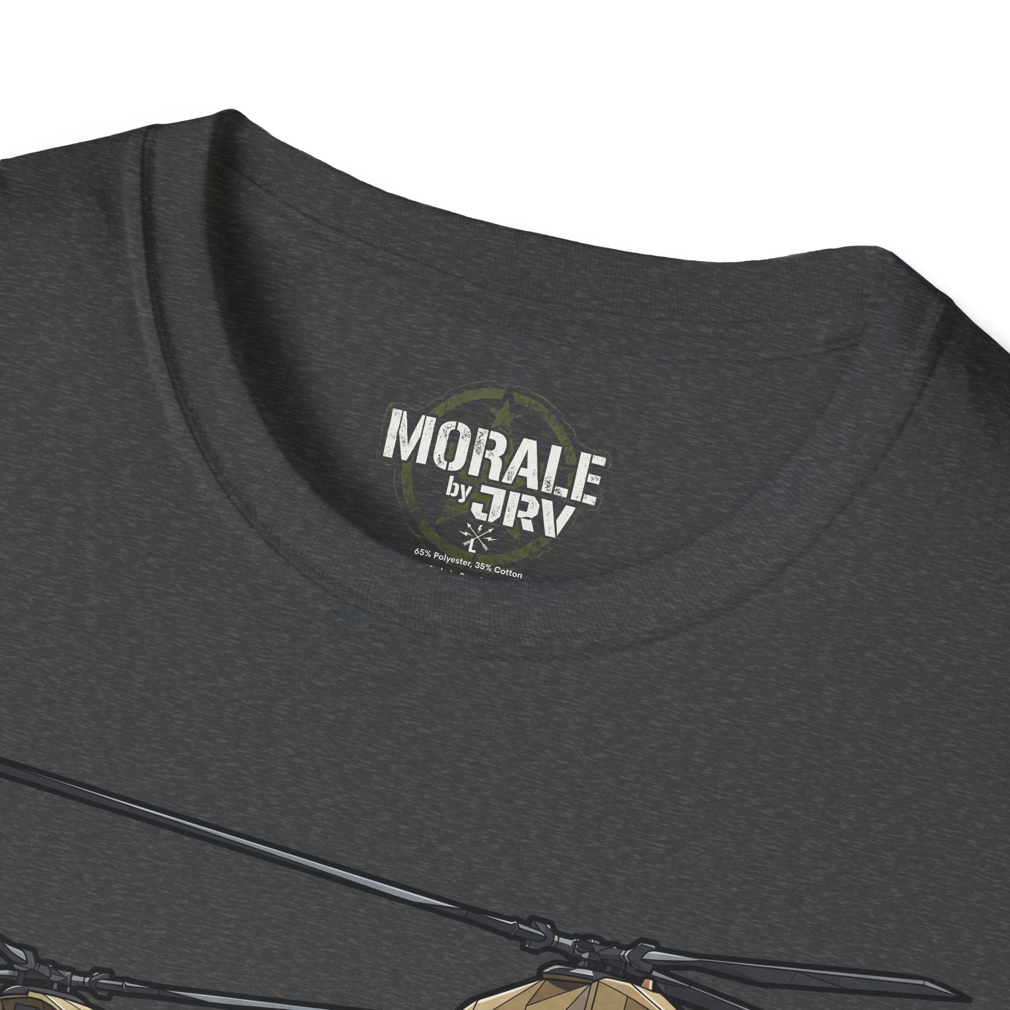 “MORALE by TRV” print at the neckline on dark gray T-shirt