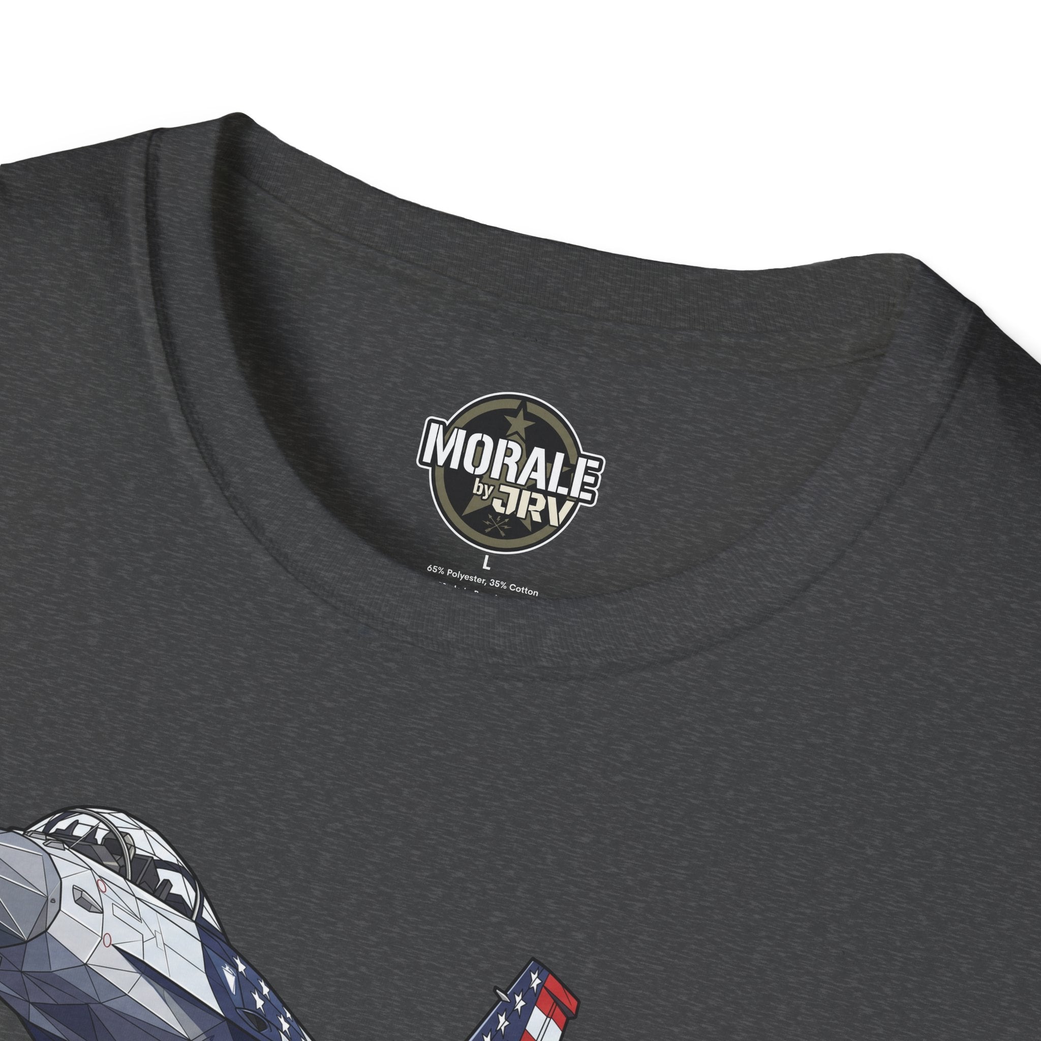 Dark gray T-shirt neckline with “Morale by JRV” label