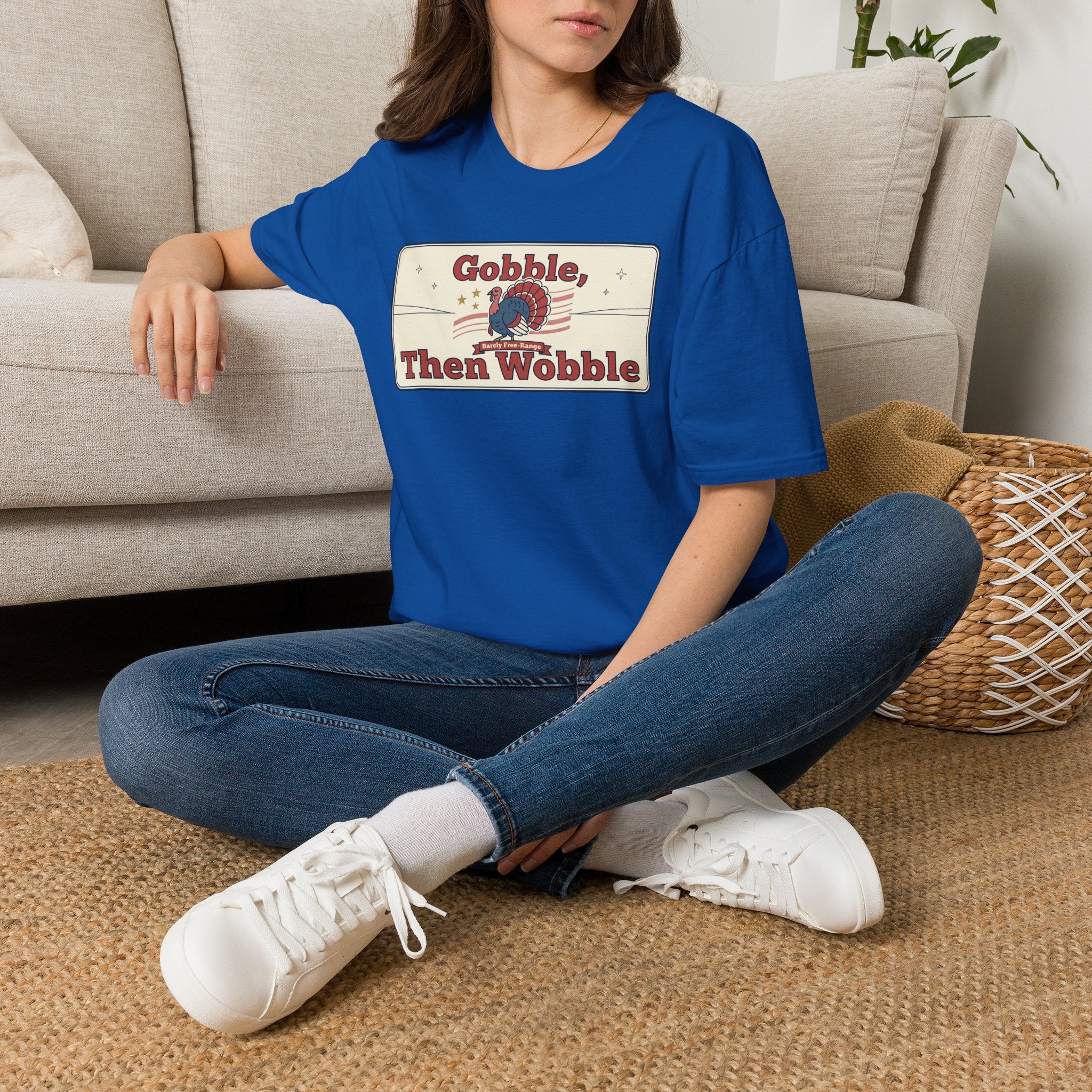 Royal blue T-shirt with retro turkey graphic reading "Gobble Then Wobble"