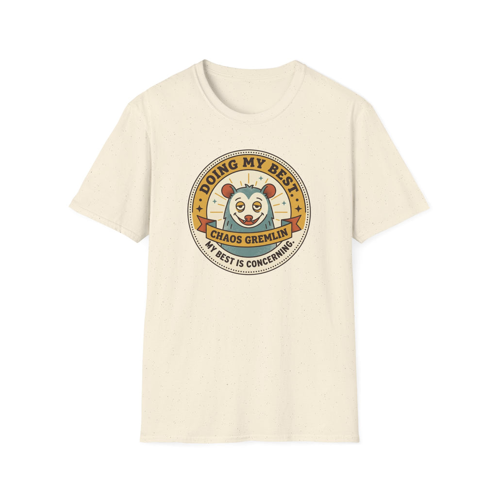 Cream Chaos Gremlin graphic T-shirt with circular mascot logo on front