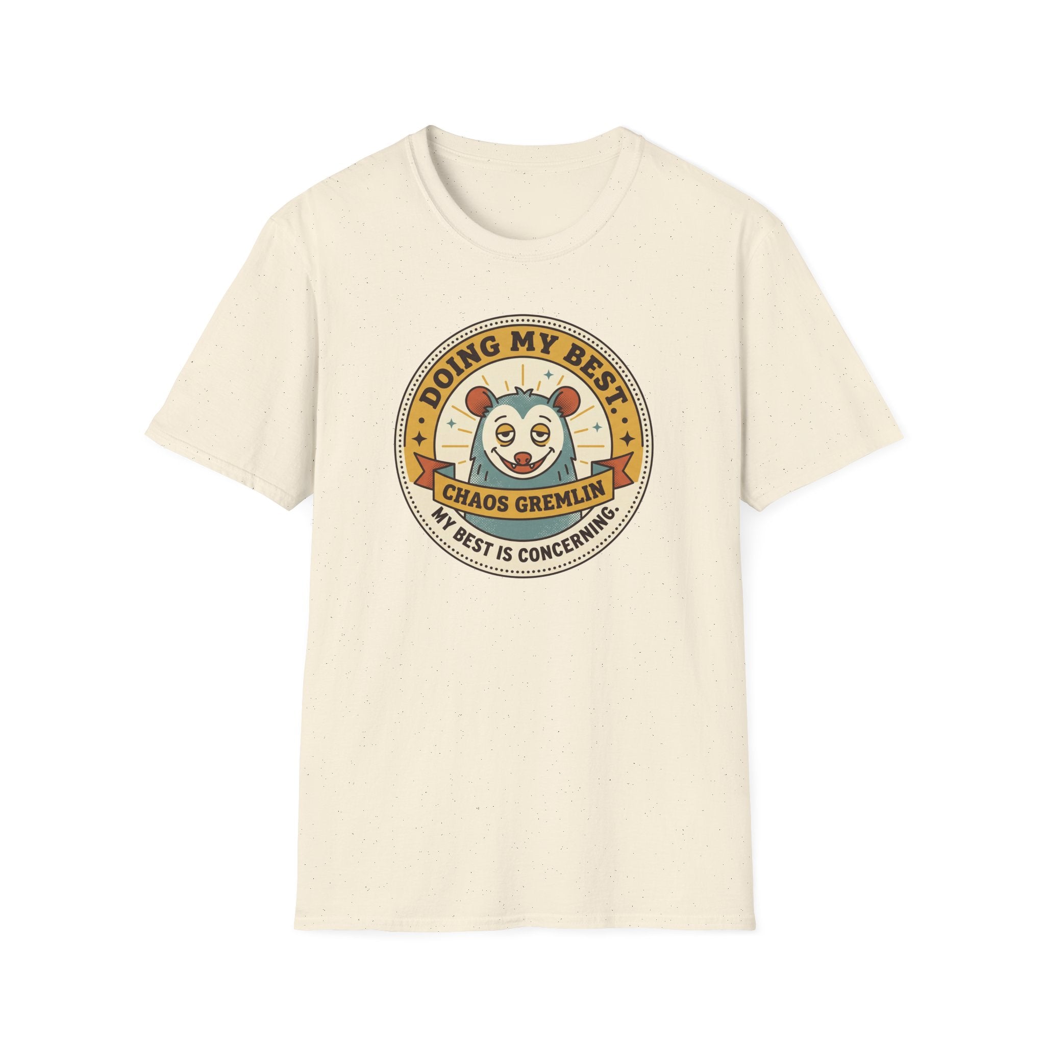 Cream Chaos Gremlin graphic T-shirt with circular mascot logo on front