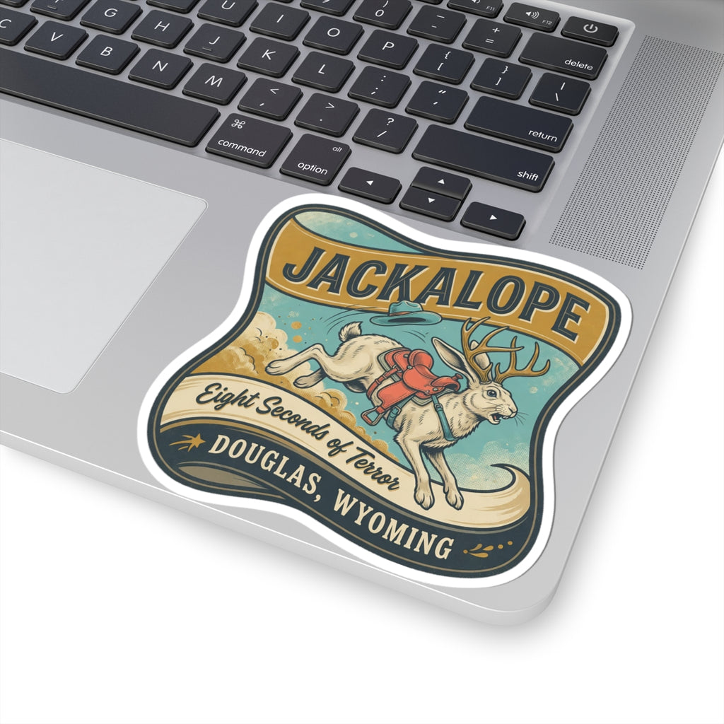 Close-up of jackalope sticker with bold “JACKALOPE” lettering and state location text