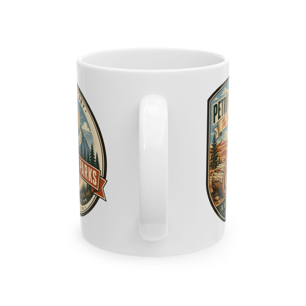 White ceramic mug with front-facing back graphic and rectangular thumbprint-style handle