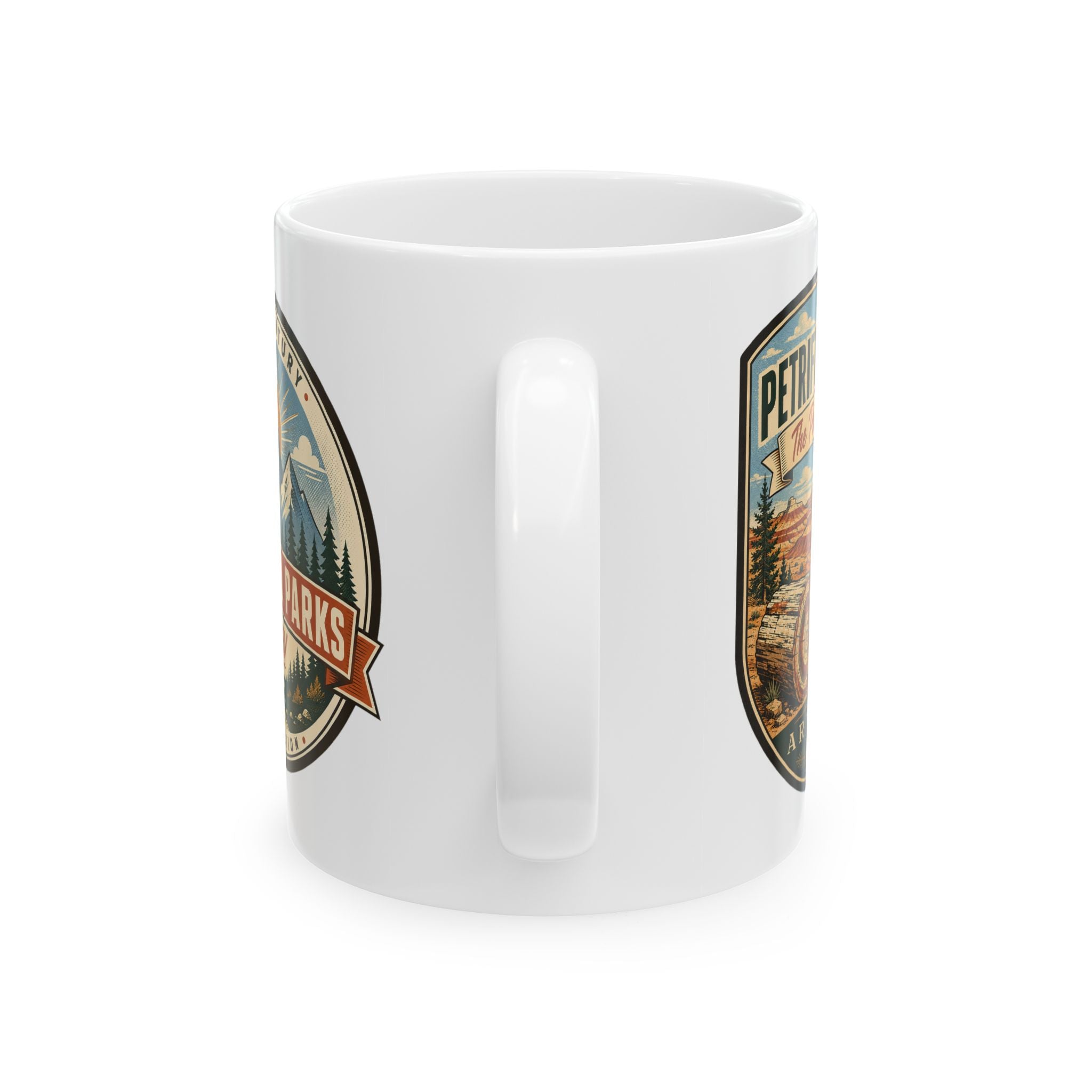 White ceramic mug with front-facing back graphic and rectangular thumbprint-style handle