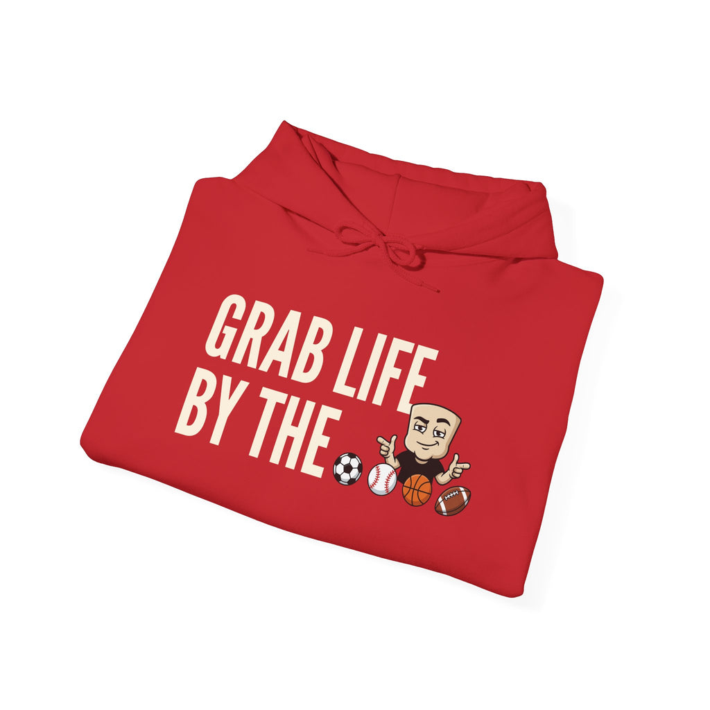 Red pullover hoodie with "GRAB LIFE BY THE" sports ball graphic