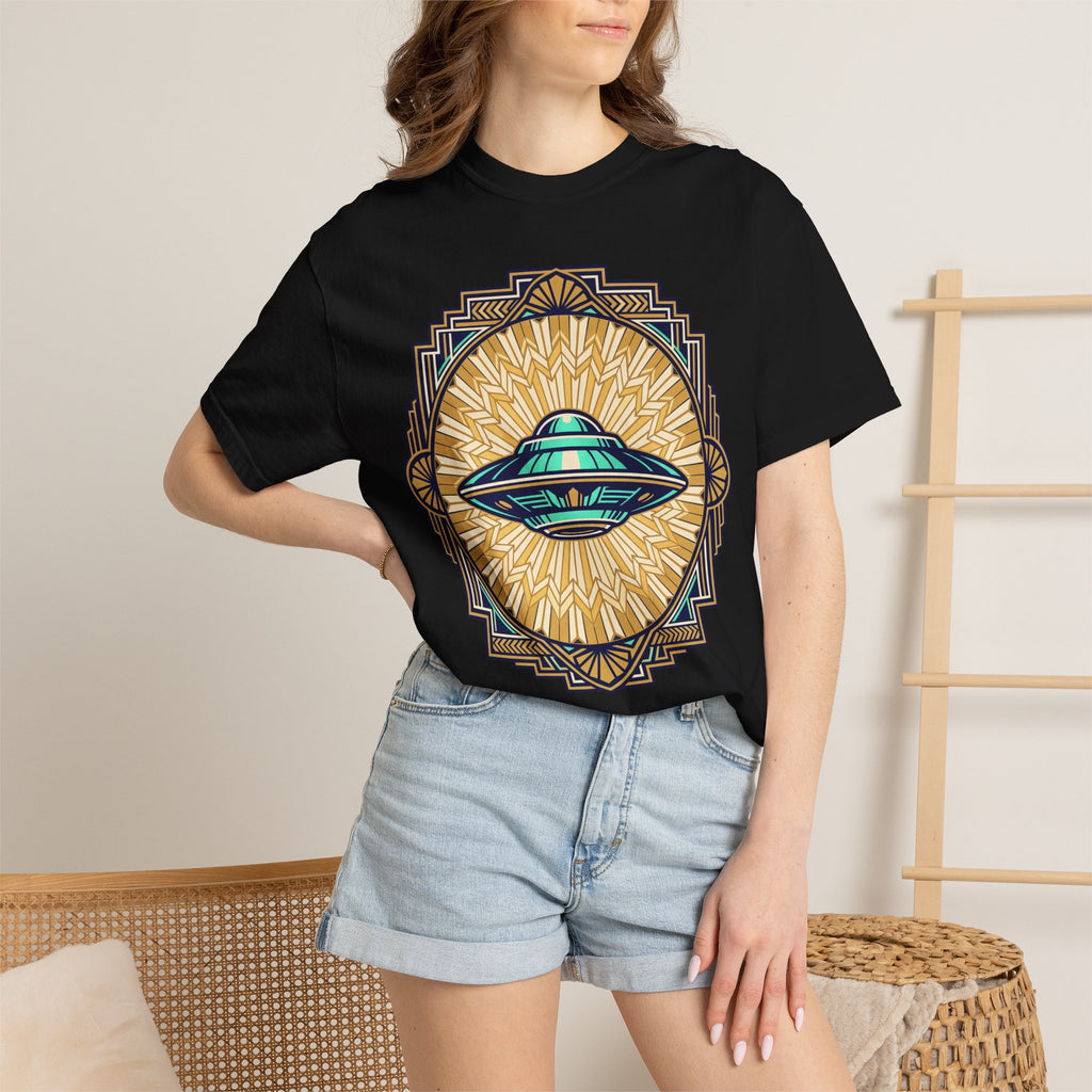 Black T-shirt with retro UFO graphic and sunburst emblem, worn by model