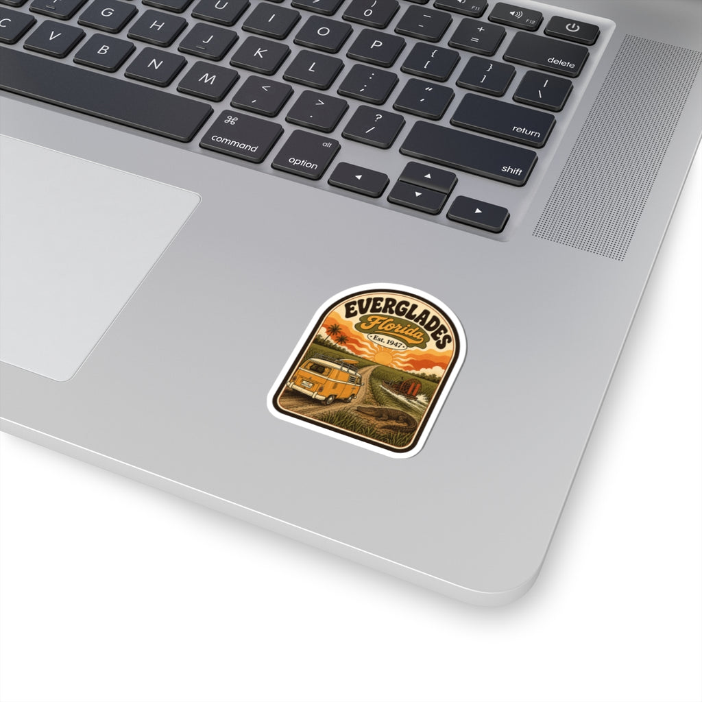 Everglades National Park camper van sticker, round badge with sunset and forest scene