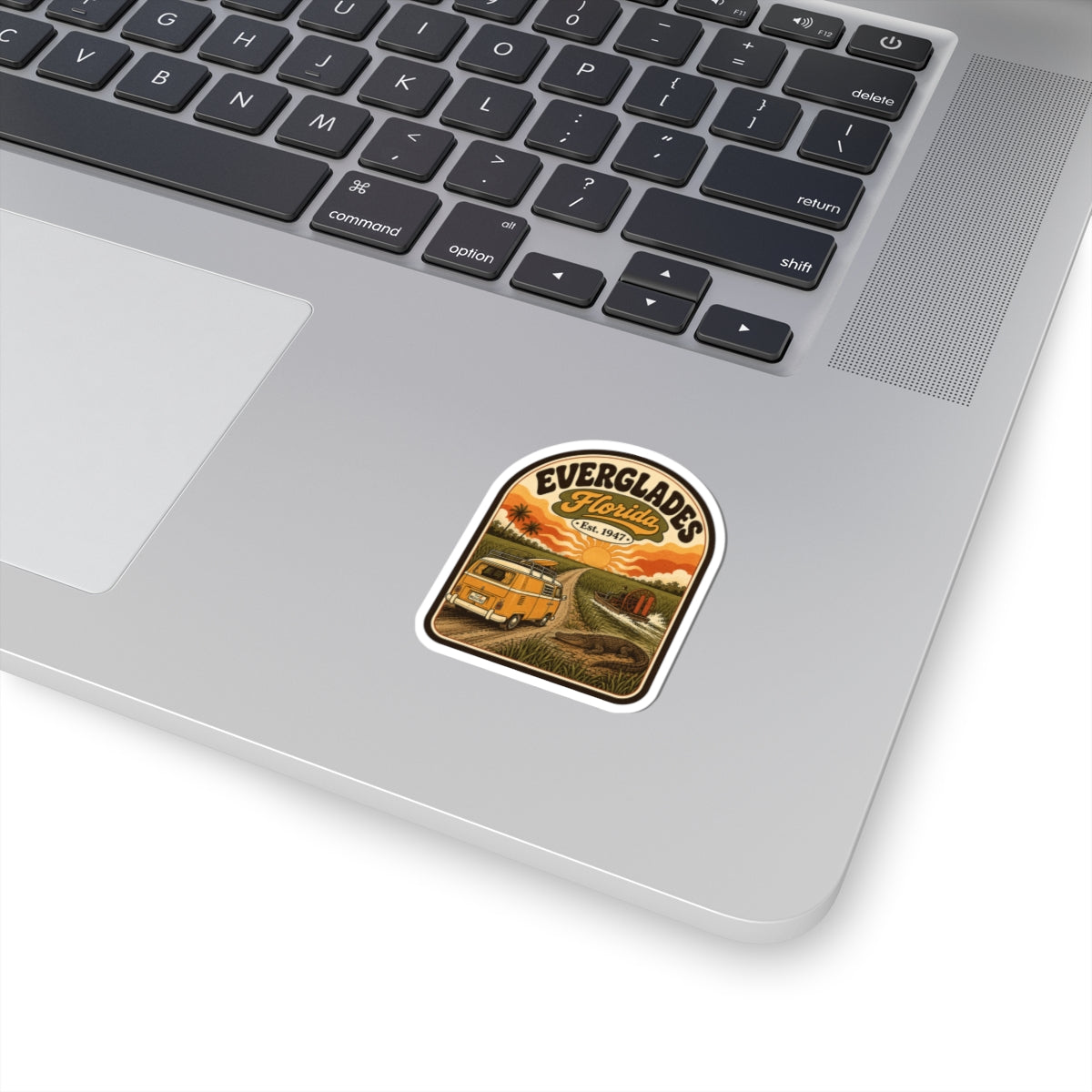Everglades National Park camper van sticker, round badge with sunset and forest scene