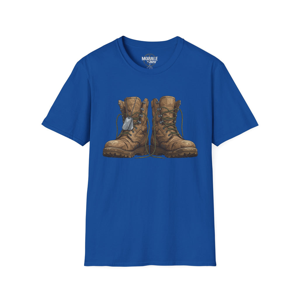 Royal blue T-shirt with vintage combat boots graphic in brown and tan