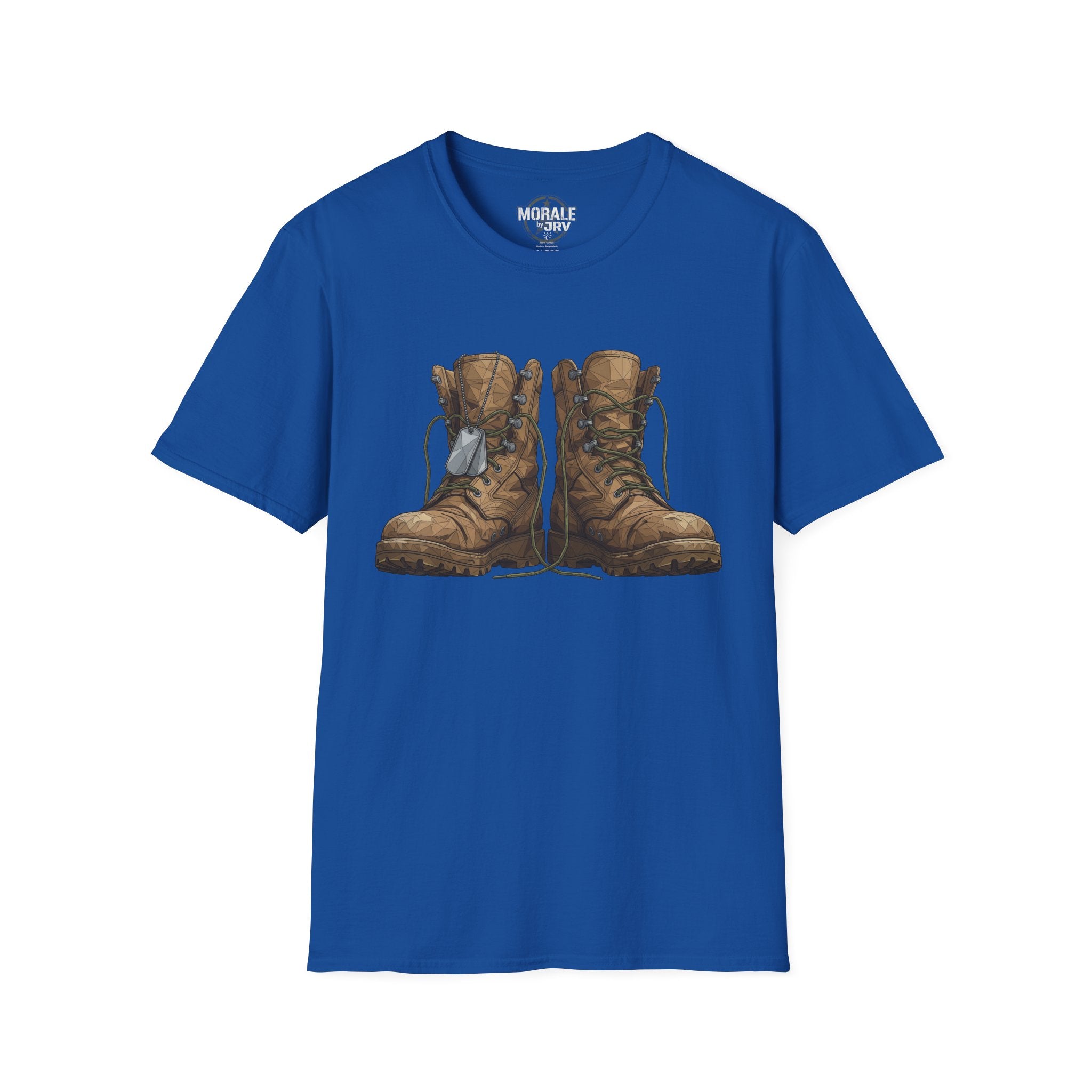 Royal blue T-shirt with vintage combat boots graphic in brown and tan